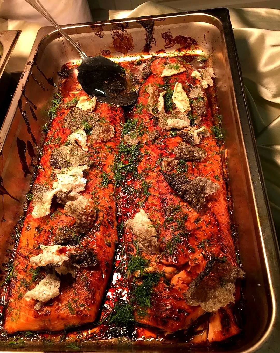 Whole roasted salmon sides with dill and crisp skin