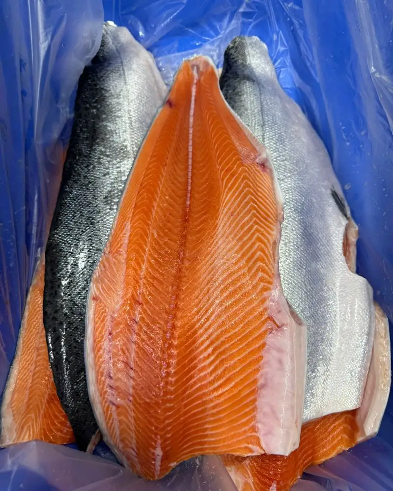 Fresh salmon sides and whole salmon packed in a lined crate